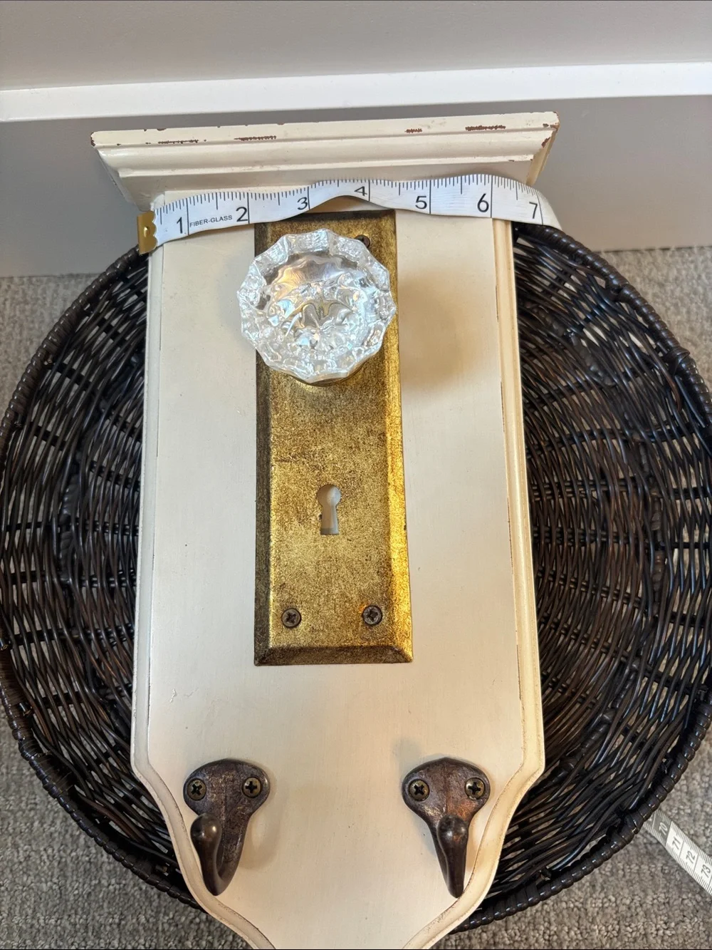 Vintage-Style Cream Wall Hook with Glass Knob and Brass Plate